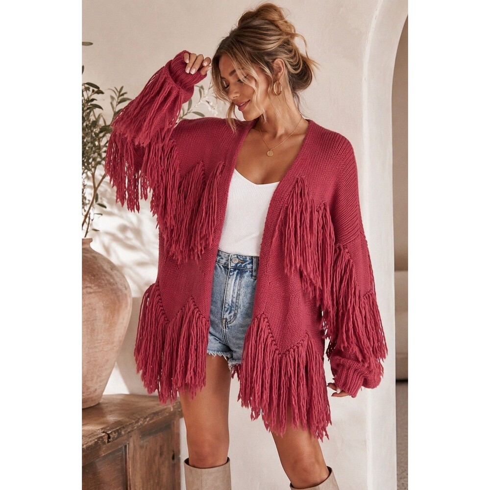 VICI Fringe Knit Cardigan S/M Rose Pink Open Front Boho Western Festival